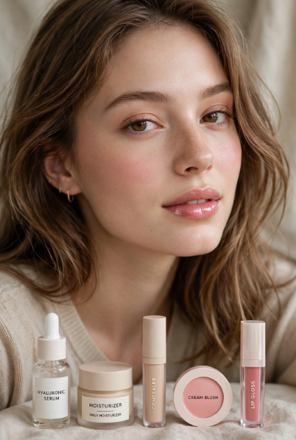 Young woman with glowing natural skin modeling a minimal makeup routine with only 5 products, shown with hyaluronic serum, daily moisturizer, concealer, cream blush, and pink lip gloss.