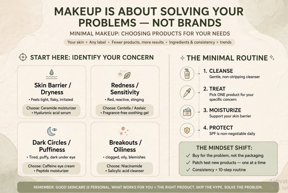 Minimal skincare infographic breaking down a simple makeup routine with only 5 products tailored to specific skin concerns like dryness, redness, dark circles, and breakouts.   