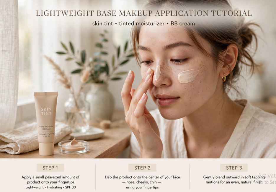 Step-by-step tutorial for a makeup routine with only 5 products showing a woman applying lightweight skin tint base with her fingertips.   