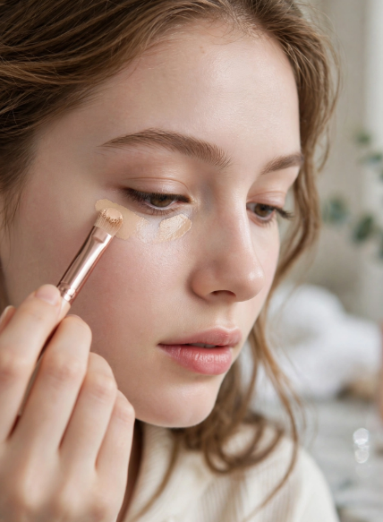 Woman applying under-eye concealer with a small flat brush as part of a minimal makeup routine with only 5 products.