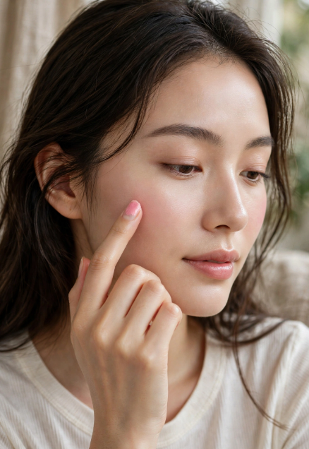 Woman gently applying cream blush to her cheek with a fingertip for a natural makeup routine with only 5 products.