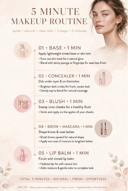 5-minute everyday makeup routine with only 5 products infographic outlining steps for base, concealer, blush, brow and mascara, and tinted lip balm.   