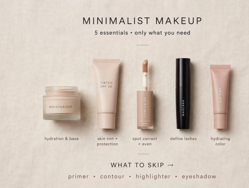 Minimalist makeup essentials flat lay for a makeup routine with only 5 products featuring moisturizer, SPF 30 skin tint, concealer, mascara, and lip tint.   