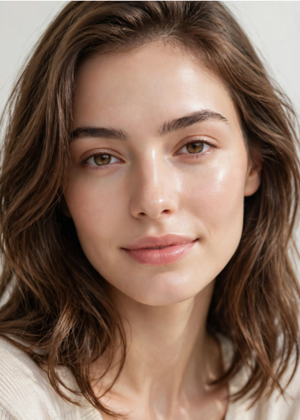 Young woman with radiant, glowing skin modeling the finished natural look from a makeup routine with only 5 products.   