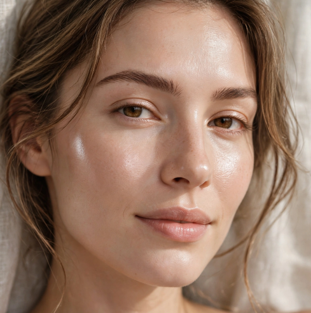 Close-up beauty shot of a woman with radiant, glass-like dewy skin achieved with a makeup routine with only 5 products.