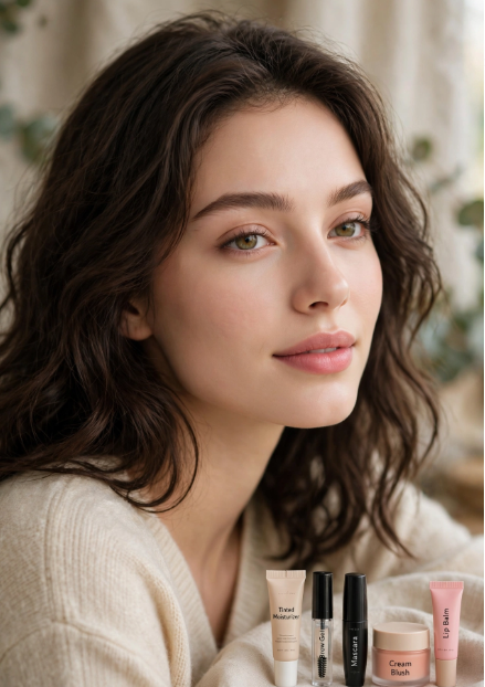 Young brunette woman with soft natural makeup posing with a makeup routine with only 5 products: tinted moisturizer, brow gel, mascara, cream blush, and lip balm.   