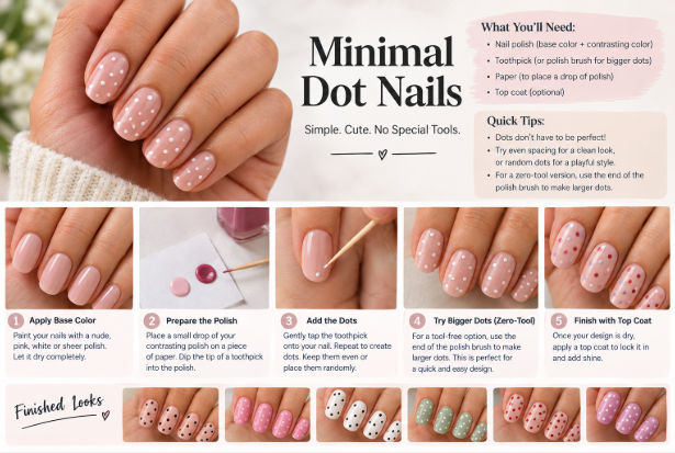 Step-by-step minimal dot nail art without tools tutorial using a toothpick and polish brush   