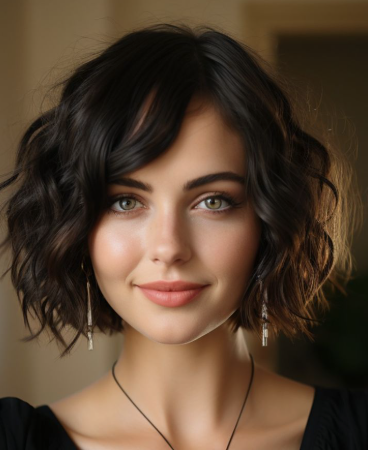 Portrait of a smiling model with short, wavy dark hair and a neutral pink lip embodying Fall 2026 Beauty Trends.