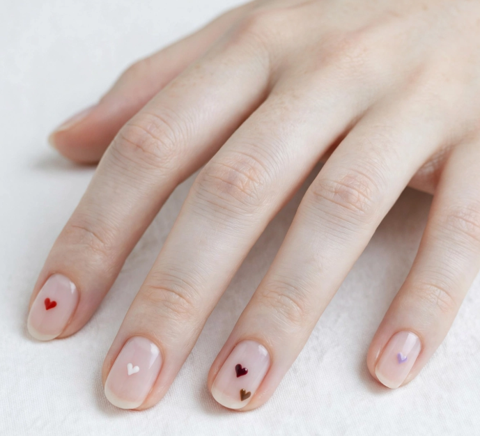 Minimalist tiny heart nail art without tools on sheer nude nails   