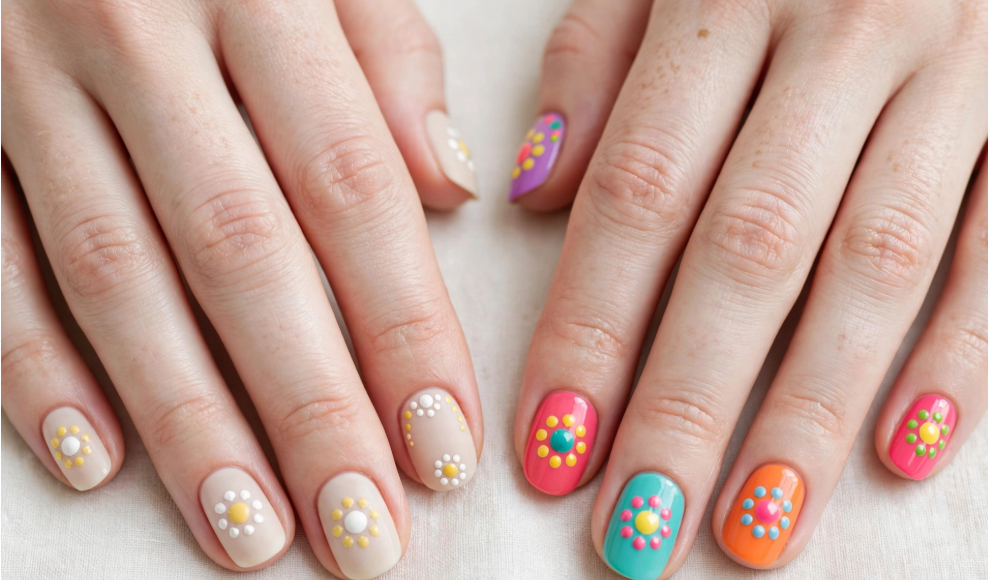 Colorful floral dot nail art without tools on short manicured nails   