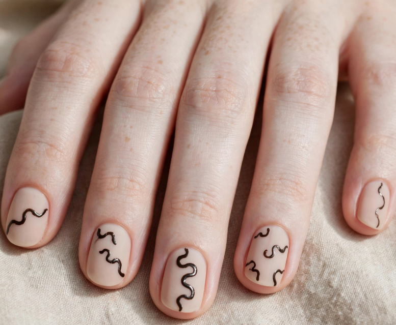 Minimalist squiggly line nail art without tools on matte nude nails   