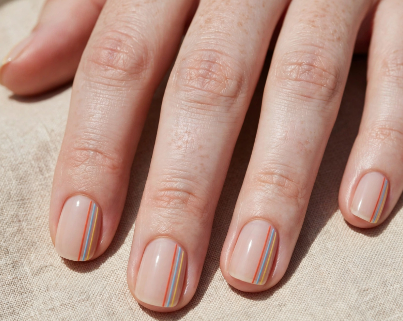 Minimalist vertical striped nail art without tools on nude short nails   