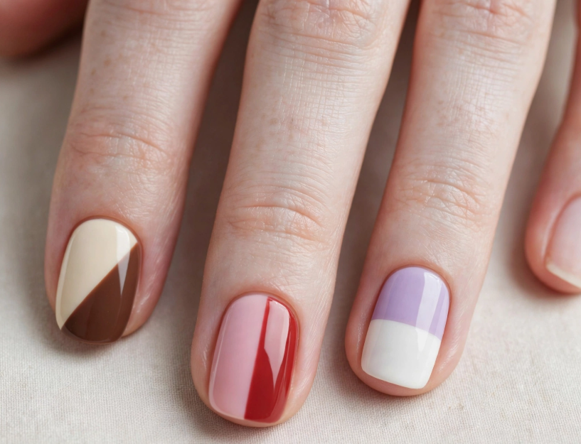 Minimalist two-tone color block nail art without tools on short square nails   