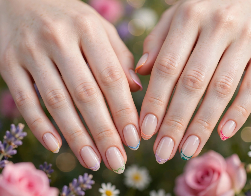 Minimalist colorful outline French tip nail art without tools on natural oval nails   