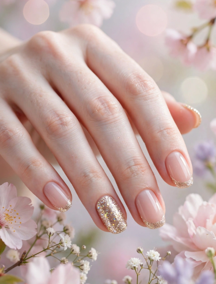 Sparkling gold glitter tip nail art without tools on glossy nude natural nails   