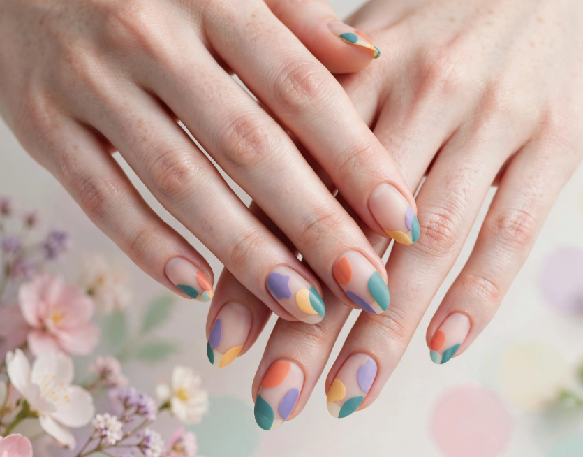 Colorful abstract blob nail art without tools on matte nude oval nails   