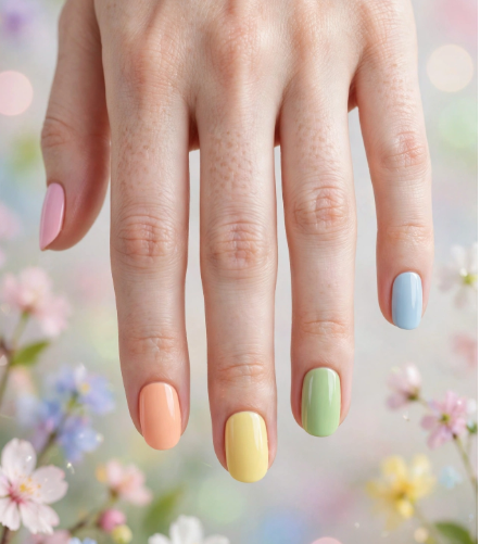 Pastel rainbow skittles nail art without tools on neat natural nails   