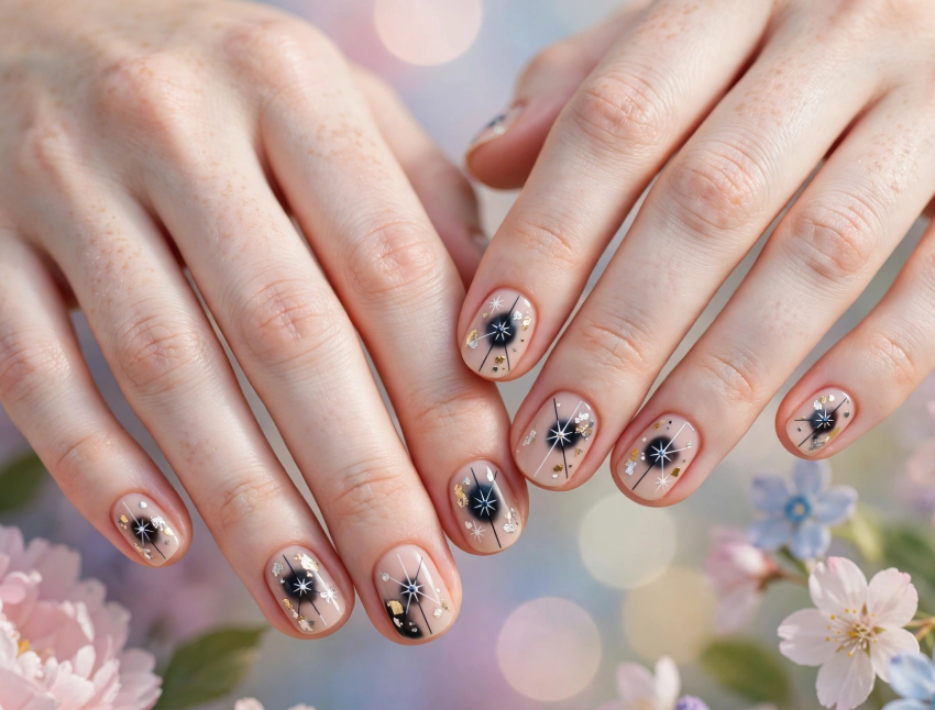 Celestial starburst nail art without tools with gold foil accents on nude nails   