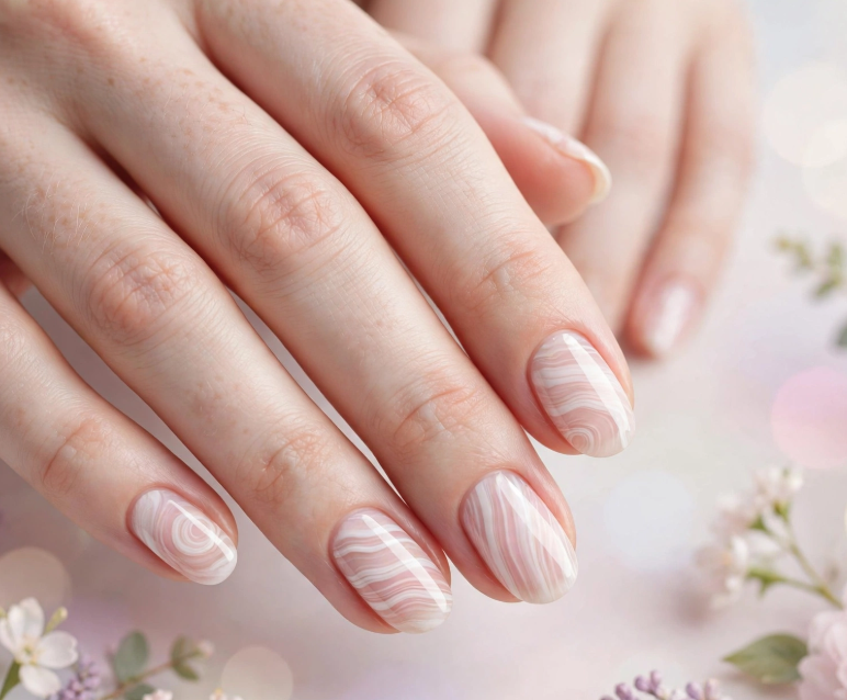 Soft pink water marble nail art without tools on glossy almond nails   