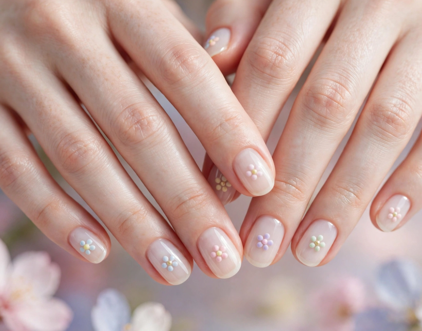 Minimalist pastel daisy nail art without tools on sheer nude natural nails   
