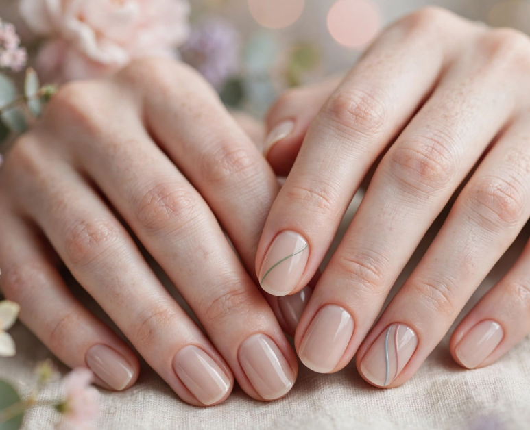 Minimalist delicate swirl line nail art without tools on glossy nude nails   
