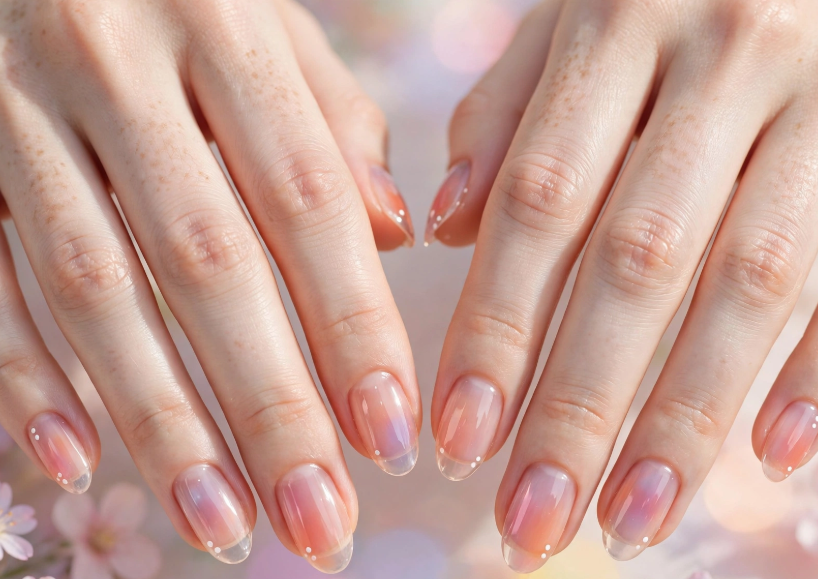 Soft peach and lilac aura nail art without tools on glossy almond nails   