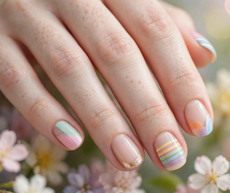 Pastel mix-and-match nail art without tools on neat natural short nails   