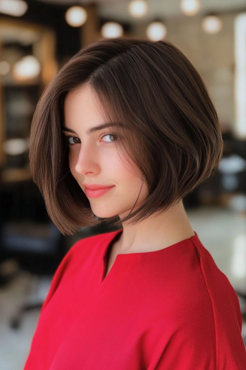 Model wearing a red top with a sleek, polished bob haircut exemplifying Fall 2026 Beauty Trends.