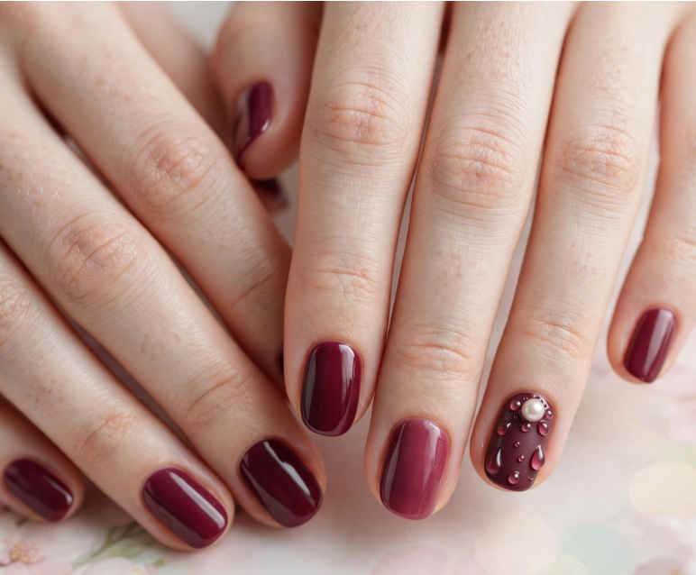 Deep berry red 3D water droplet nail art without tools on short rounded nails   
