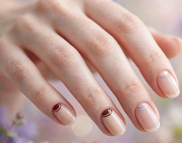 Minimalist reverse French cuticle cuff nail art without tools on glossy nude nails   