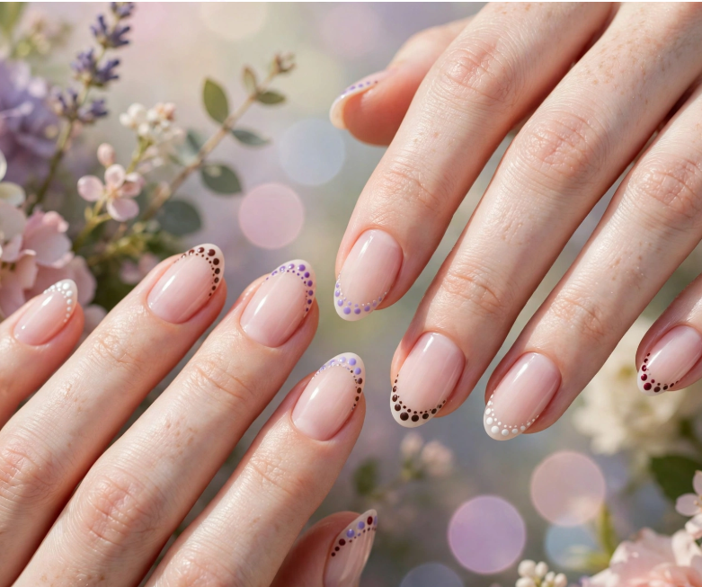 Minimalist dotted French tip nail art without tools on glossy almond nails   