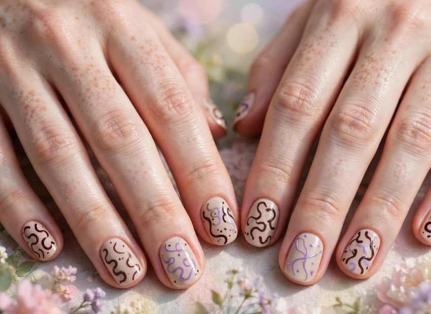 Abstract swirl and doodle nail art without tools on short nude nails   