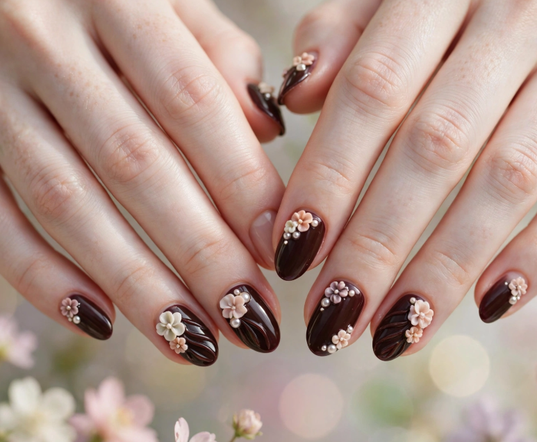 3D floral and pearl chocolate brown nail art without tools on rounded nails   
