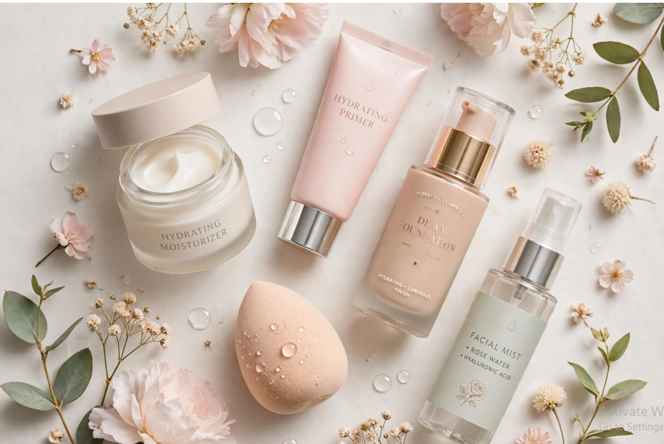 A flat lay of hydrating beauty products—including moisturizer, primer, dewy foundation, and facial mist—surrounded by flowers to help solve why does my makeup look dry.