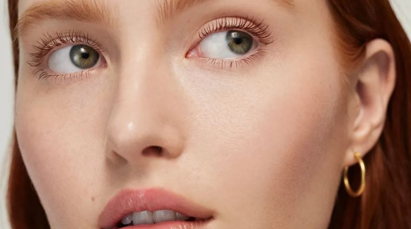 Close-up of a red-haired model with natural skin and defined lashes exemplifying Fall 2026 Beauty Trends.