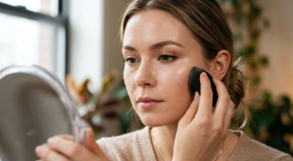 A woman gently pressing foundation into her cheek with a black beauty sponge in front of a mirror to solve why does my makeup look dry.