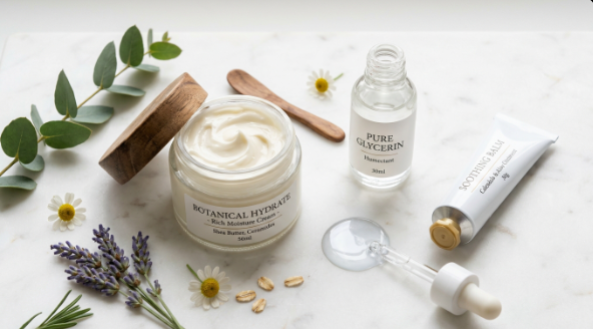 A flat lay of botanical hydrating skincare products—including rich moisture cream, pure glycerin serum, and soothing balm—arranged with herbs to fix why does my makeup look dry.