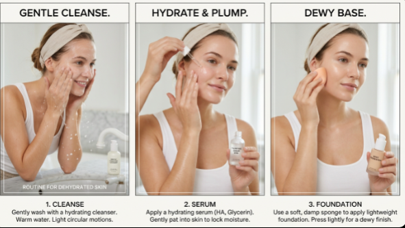 A three-step routine showing gentle cleansing, hydrating serum application, and dewy foundation blending to fix why does my makeup look dry.