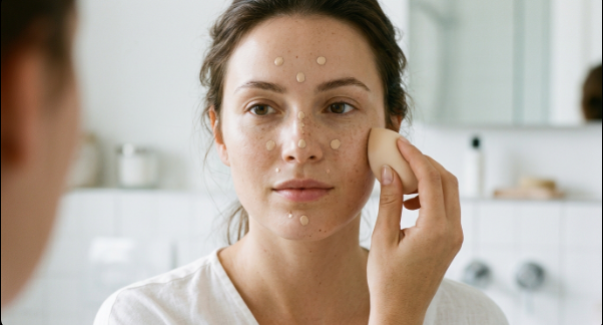 A woman dabbing liquid foundation dots across her face with a beige makeup sponge to resolve why does my makeup look dry.