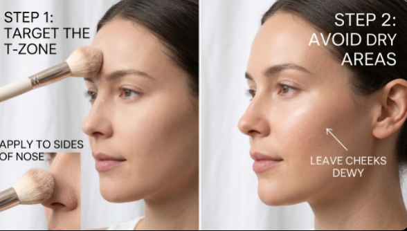 Two-step beauty guide demonstrating how to target powder on the T-zone and avoid dry areas to solve why does my makeup look dry.