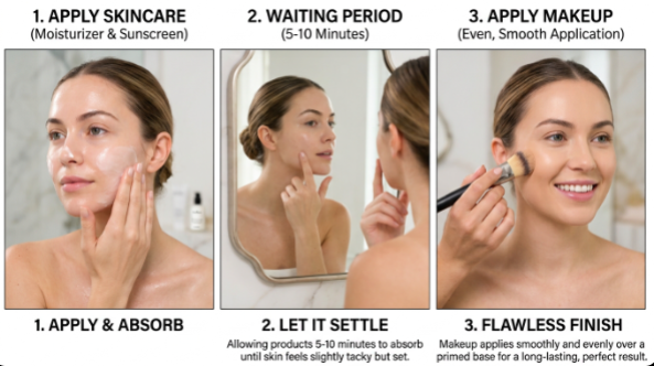 A 3-step visual guide showing skincare application, waiting 5 to 10 minutes for absorption, and smooth makeup blending to answer why does my makeup look dry.