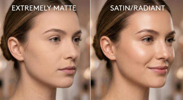 Side-by-side comparison of an extremely matte finish versus a satin radiant finish to answer why does my makeup look dry, highlighting glowing versus flat foundation textures.