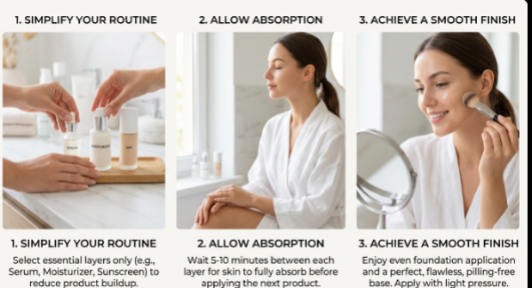 A 3-step visual guide showing how to simplify skincare, allow 5 to 10 minutes for absorption, and achieve a smooth finish to solve why does my makeup look dry.   