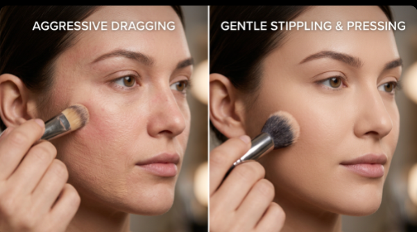Side-by-side comparison showing how aggressive dragging emphasizes texture while gentle stippling and pressing creates a smooth finish to solve why does my makeup look dry.