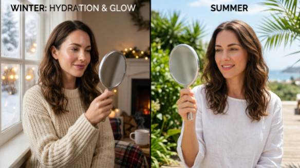 Side-by-side comparison showing seasonal makeup routines in winter with hydration and glow versus summer to answer why does my makeup look dry.