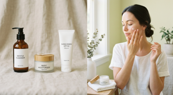A woman applying moisturizer next to a minimalist skincare lineup—including gentle cleanser, basic moisturizer, and SPF 50 sunscreen—to prevent why does my makeup look dry.