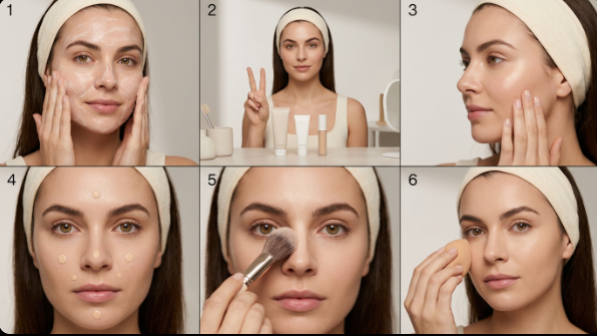 A 6-step visual guide demonstrating skincare prep, product absorption, foundation placement, and gentle sponge blending to answer why does my makeup look dry.