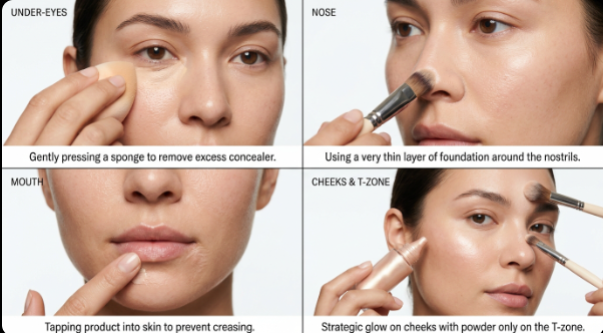 A 4-panel makeup application guide showing how to blend concealer, foundation, and powder on the under-eyes, nose, mouth, and T-zone to fix why does my makeup look dry.