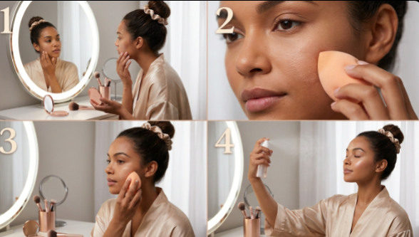 A 4-step routine showing skin prep in the mirror, damp sponge foundation blending, and hydrating facial mist application to answer why does my makeup look dry.