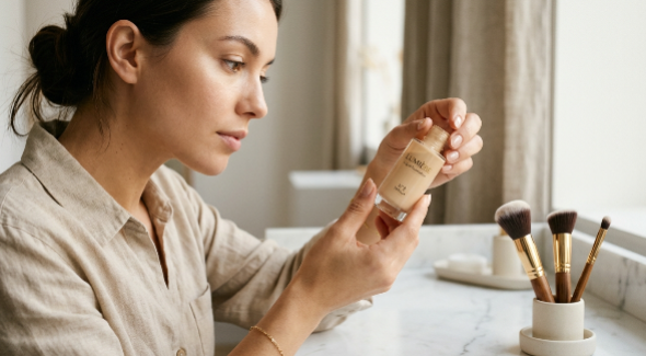 A woman checking liquid foundation shade and formula details next to makeup brushes to answer why does my makeup look dry.